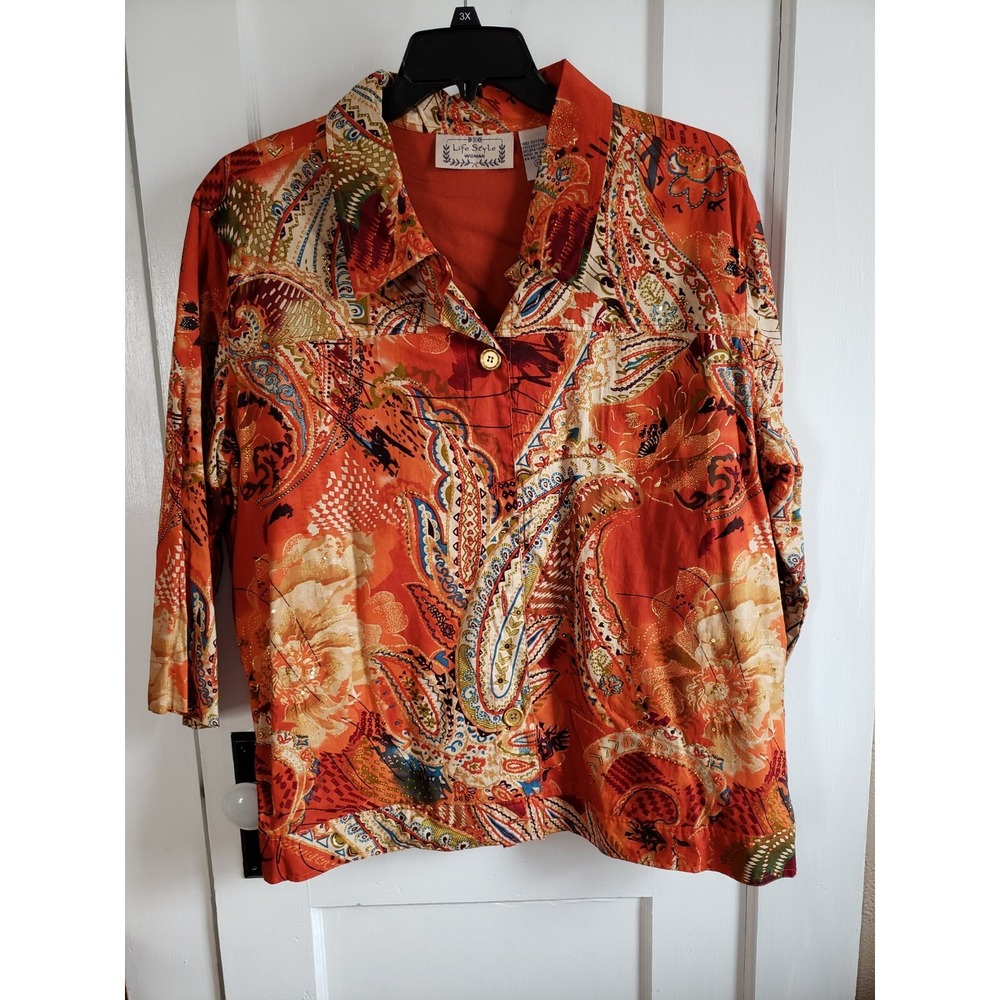 LIFE STYLE Orange METALLIC FLORAL PRINT beaded 3X cotton button up light jacket